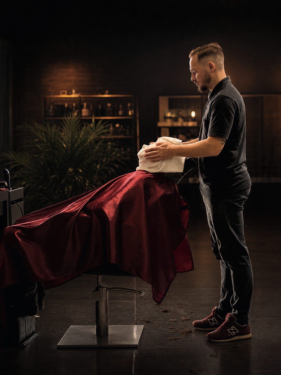 Cliente vivendo o ritual de toalha quente na Dio D'onore Barber